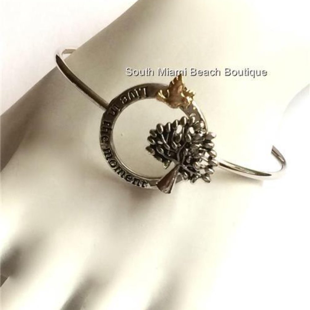 Tree of Life Bracelet Bangle LIVE IN THE MOMENT Message Celtic Silver Plated